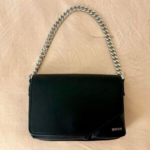 DKNY Black Leather Shoulder Bag with Silver Chain